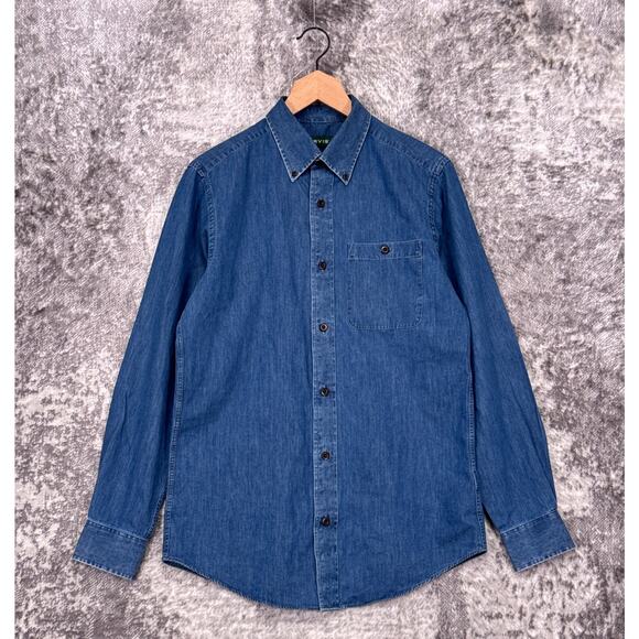 New Orvis Denim Shirt Small Mens Classic Fit Blue Work Shirt Long Sleeve - Picture 1 of 8